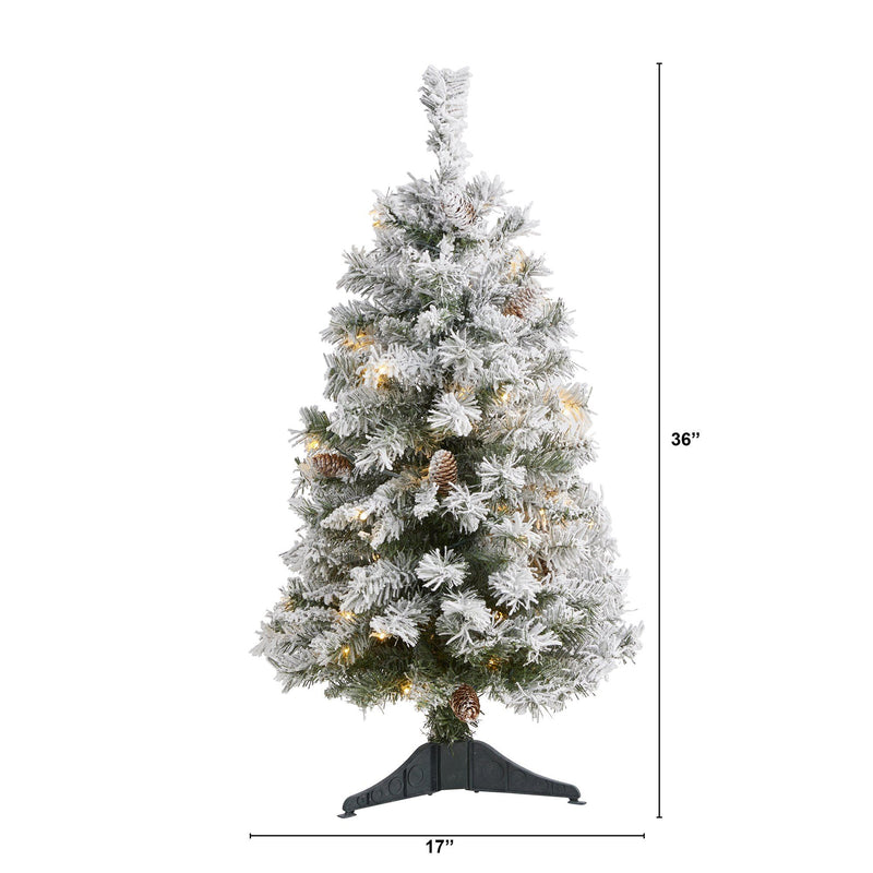 3' Flocked White River Mountain Pine Artificial Christmas Tree with Pinecones and 50 Clear LED Lights by Nearly Natural