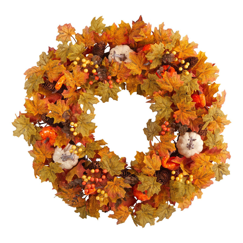 30” Autumn Pumpkin and Maple Leaf Artificial Fall Wreath by Nearly Natural