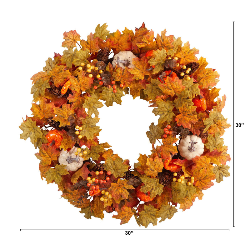 30” Autumn Pumpkin and Maple Leaf Artificial Fall Wreath by Nearly Natural
