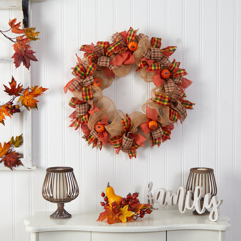 30” Autumn Pumpkin with Decorative Bows Artificial Fall Wreath by Nearly Natural