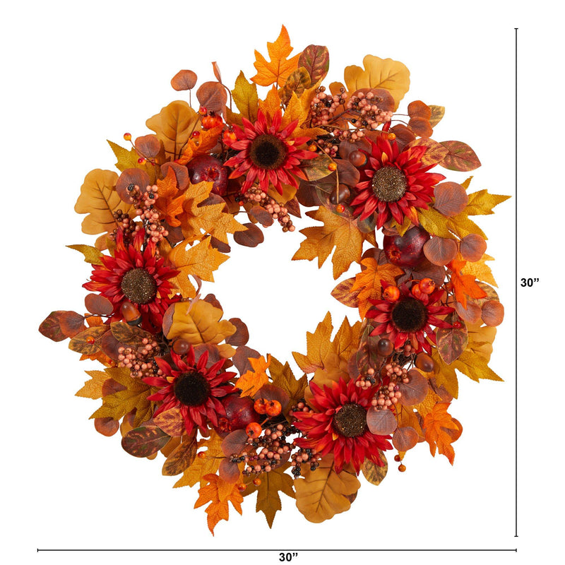 30” Fall Acorn, Sunflower, Berries and Autumn Foliage Artificial Wreath by Nearly Natural