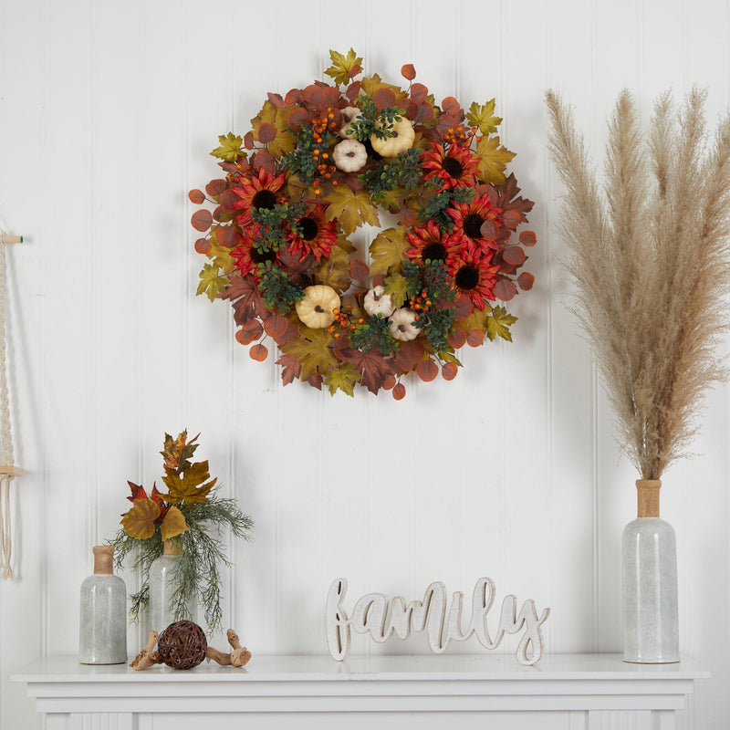 30” Artificial Fall Acorn, Sunflower, Berries and Autumn Foliage Wreath by Nearly Natural