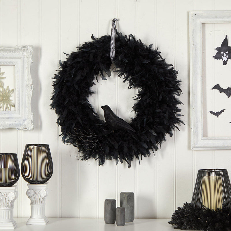 30" Halloween Raven Feather Wreath" by Nearly Natural