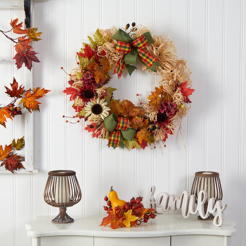 30” Harvest Autumn Sunflower, Maple Leaves and Berries Artificial Fall Wreath with Decorative Bows by Nearly Natural