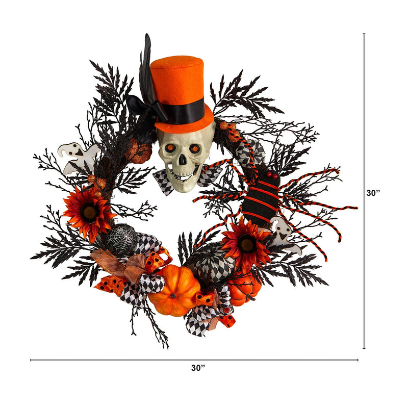 30” Spider and Skull with Top Hat Halloween Wreath by Nearly Natural