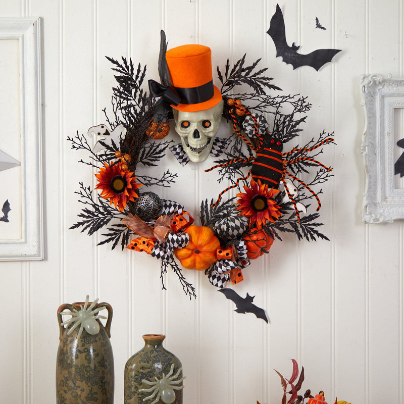30” Spider and Skull with Top Hat Halloween Wreath by Nearly Natural