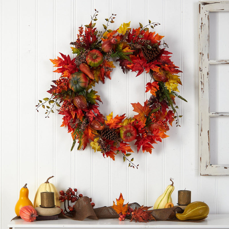 32” Autumn Maple Leaf, Pumpkin and Berries Artificial Fall Wreath by Nearly Natural
