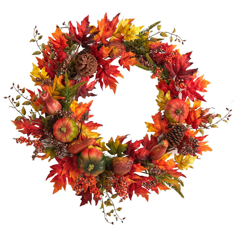 32” Autumn Maple Leaf, Pumpkin and Berries Artificial Fall Wreath by Nearly Natural