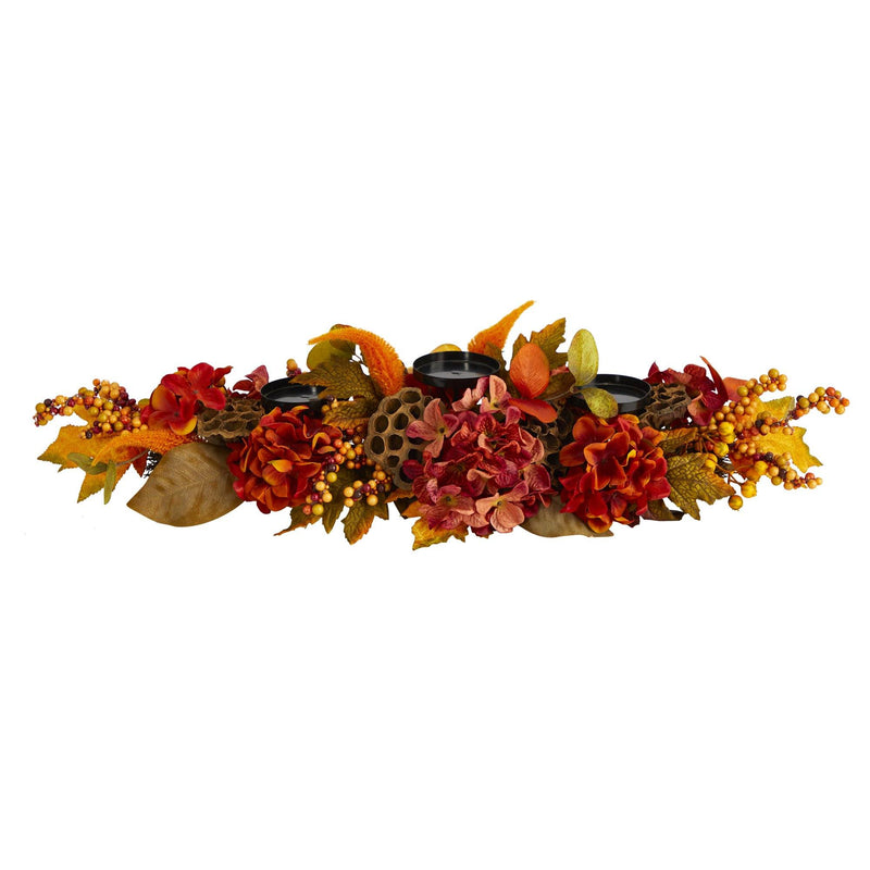 32” Fall Hydrangea, Lotus Seed and Berries Artificial Candelabrum Arrangement by Nearly Natural