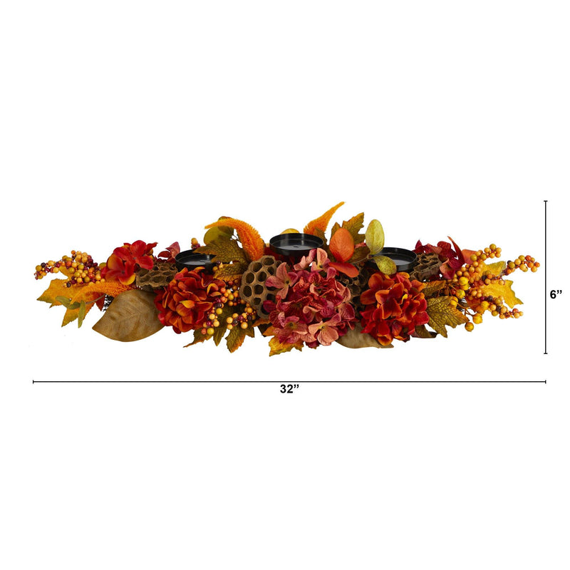 32” Fall Hydrangea, Lotus Seed and Berries Artificial Candelabrum Arrangement by Nearly Natural