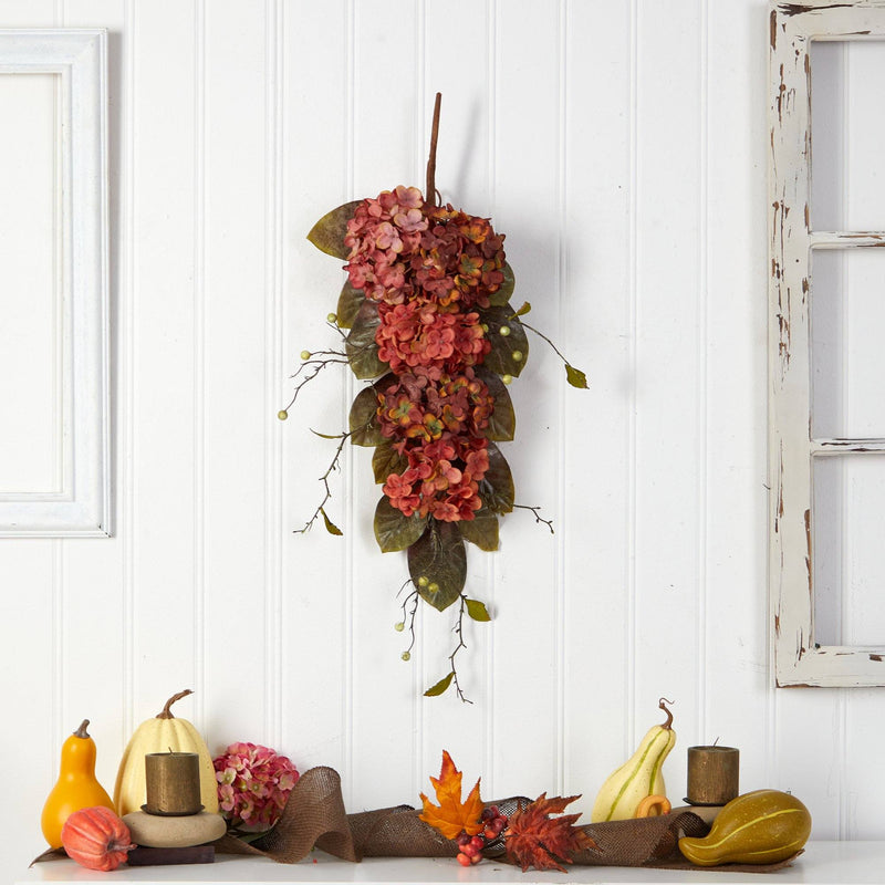 35” Autumn Hydrangea and Berry Artificial Fall Tear Drop by Nearly Natural