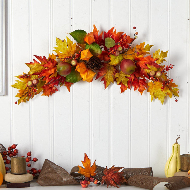 38” Autumn Maple Leaf Berry Artificial Swag by Nearly Natural