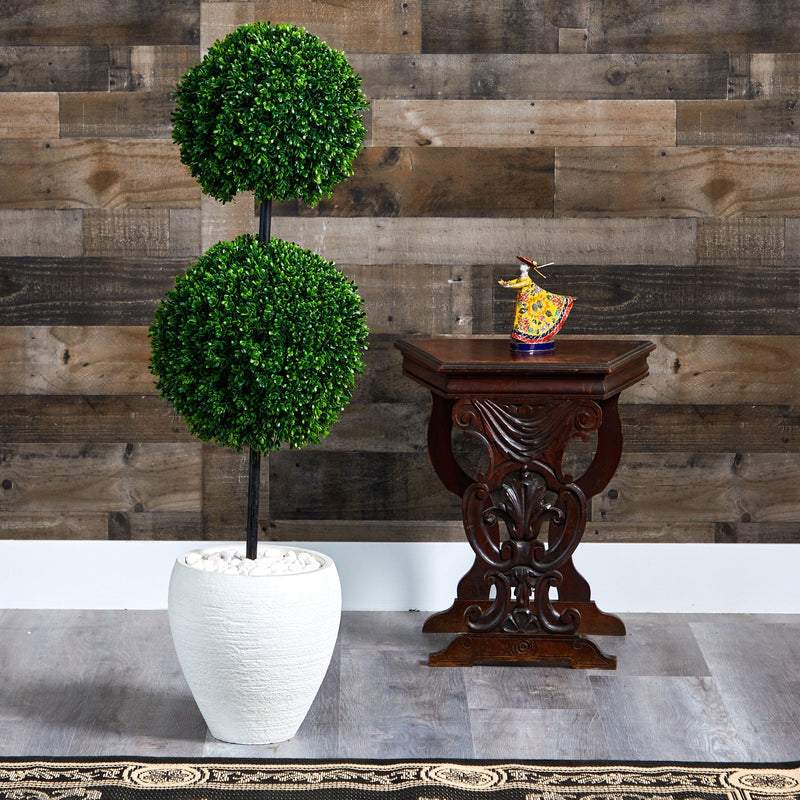 4’ Boxwood Double Ball Artificial Topiary Tree in White Planter  (Indoor/Outdoor) by Nearly Natural