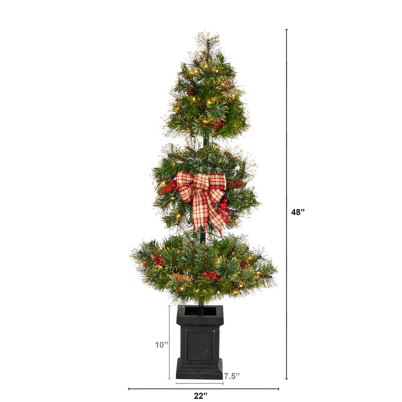 4’ Topiary Tree with Decorative Ribbon, Berries, 70 Clear LED Lights and 109 Branches in Planter by Nearly Natural