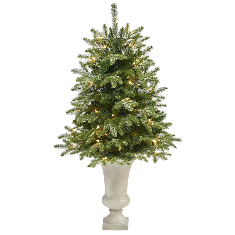 44” Snowed Grand Teton Fir Artificial Christmas Tree with 50 Clear Lights and 111 Bendable Branches in Sand Colored Urn by Nearly Natural