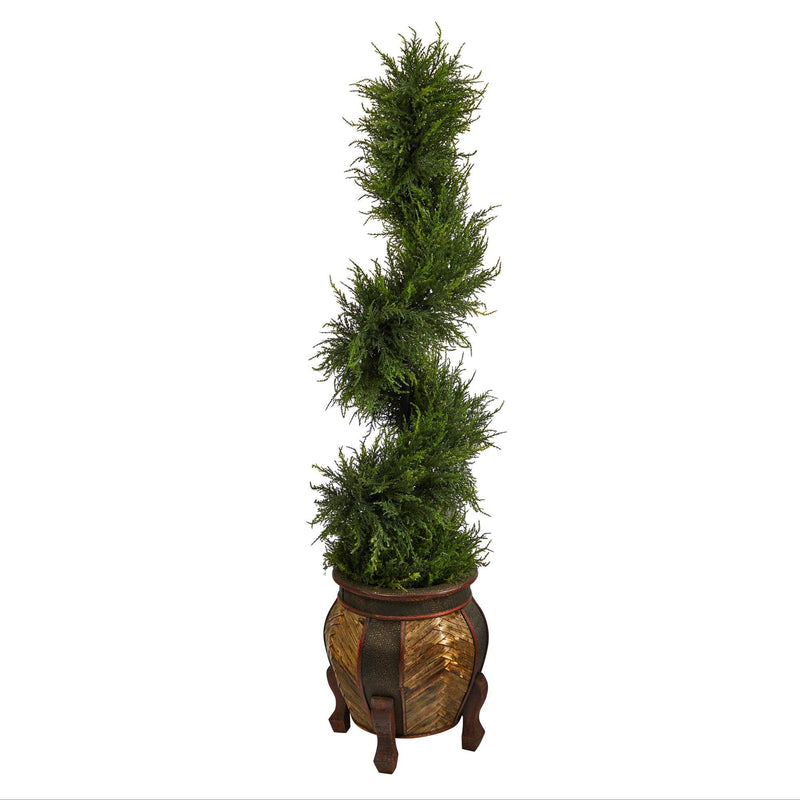 4.5’ Spiral Cypress Artificial Tree in Decorative Planter with 80 Clear LED Lights (Indoor/Outdoor) by Nearly Natural