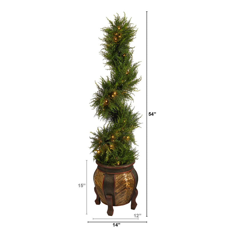 4.5’ Spiral Cypress Artificial Tree in Decorative Planter with 80 Clear LED Lights (Indoor/Outdoor) by Nearly Natural