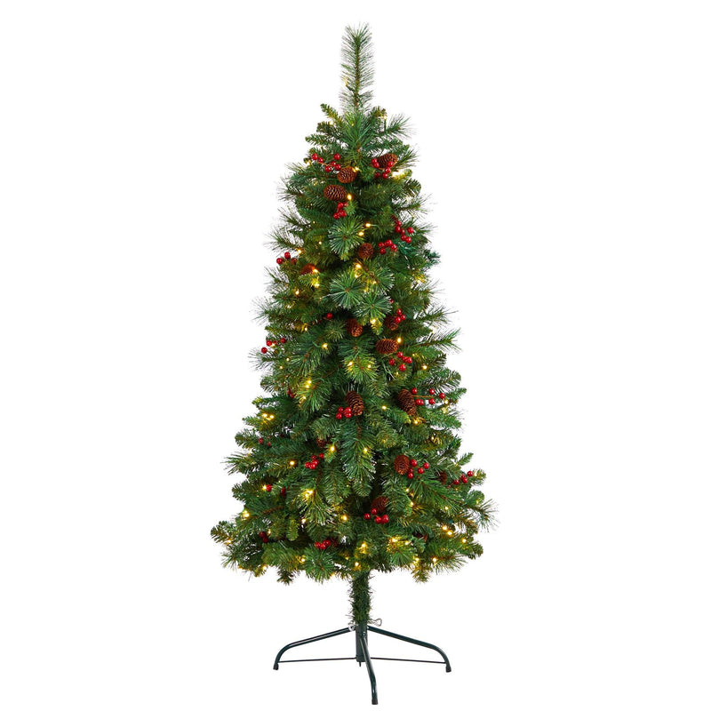 5’ Flat Back Montreal Mountain Artificial Christmas Tree with Pine Cones and Berries by Nearly Natural
