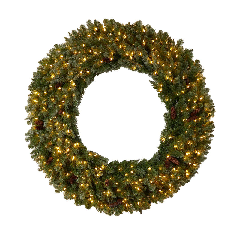 5’ Flocked Artificial Christmas Wreath with Pinecones, 300 Clear LED Lights and 680 Bendable Branches by Nearly Natural