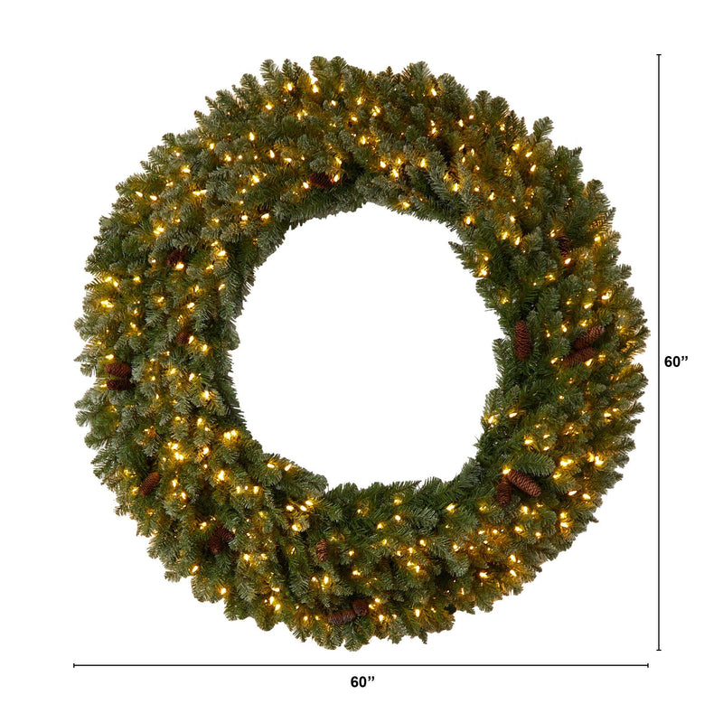 5’ Flocked Artificial Christmas Wreath with Pinecones, 300 Clear LED Lights and 680 Bendable Branches by Nearly Natural