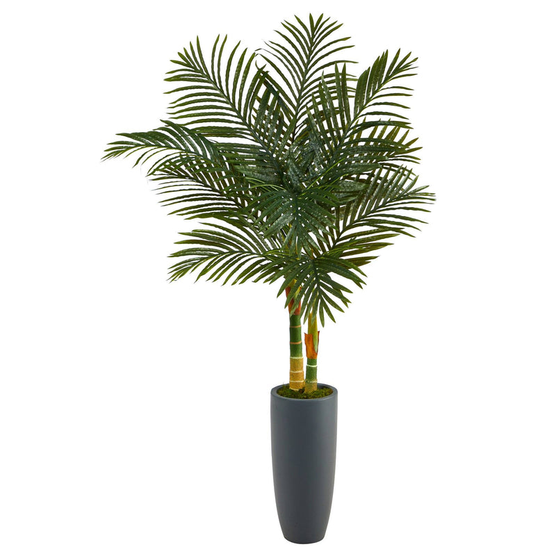 58” Golden Cane Artificial Palm Tree in Gray Planter by Nearly Natural