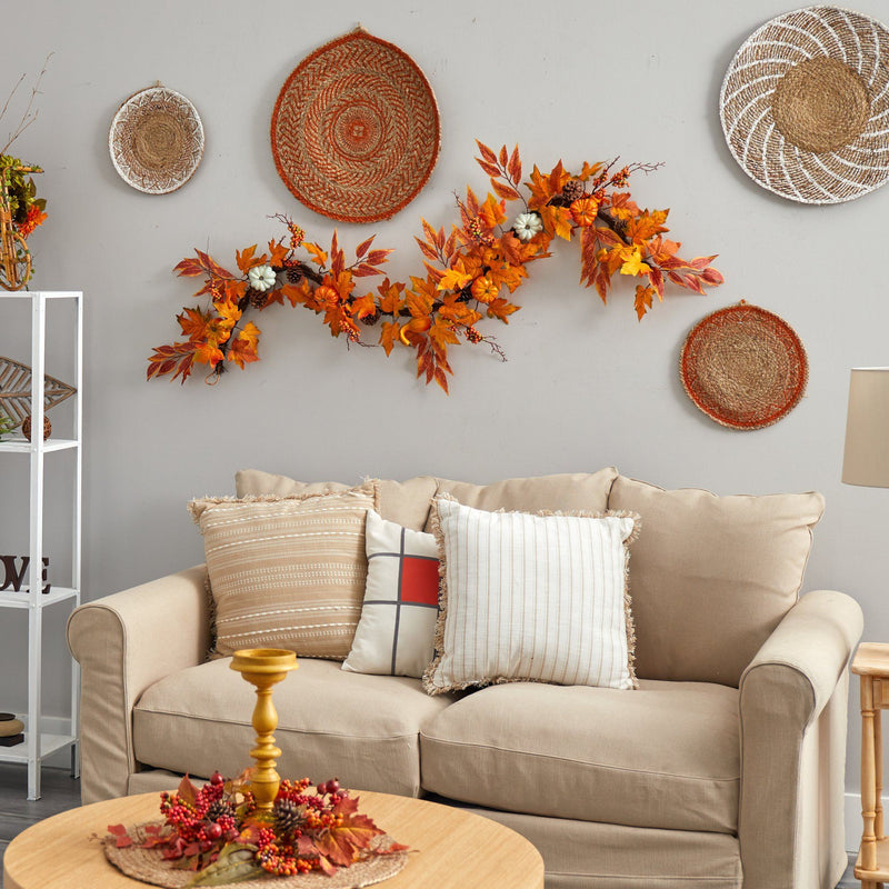 6’ Assorted Autumn Maple Leaves, Pumpkins, Gourds, Berries and Pinecone Artificial Fall Garland by Nearly Natural