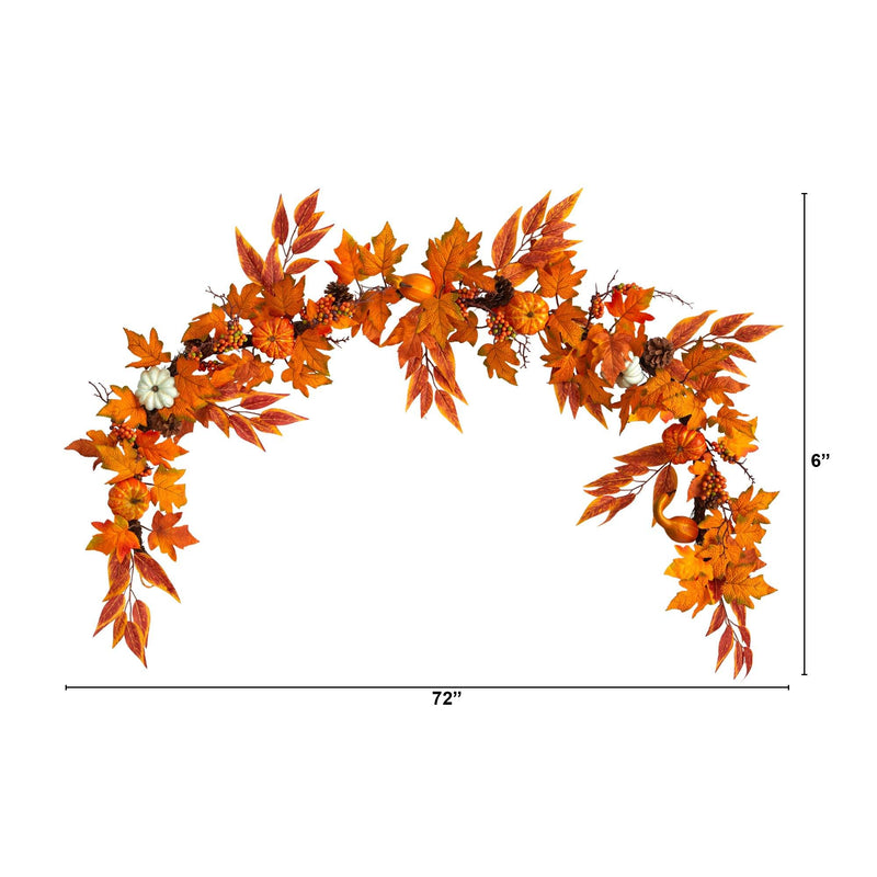 6’ Assorted Autumn Maple Leaves, Pumpkins, Gourds, Berries and Pinecone Artificial Fall Garland by Nearly Natural