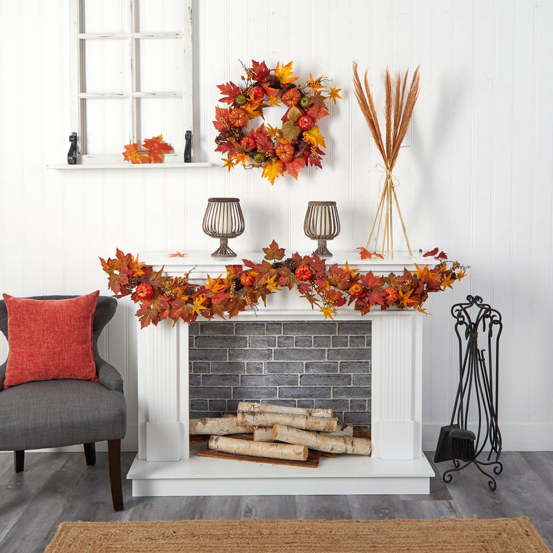 6’ Autumn Maple Leaf, Pumpkin, Gourd and Berry Artificial Fall Garland by Nearly Natural