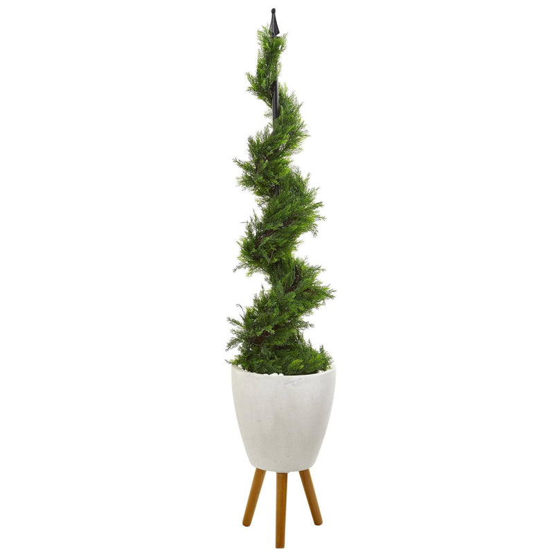 6’ Cypress Artificial Spiral Topiary Tree in White Planter with Stand by Nearly Natural
