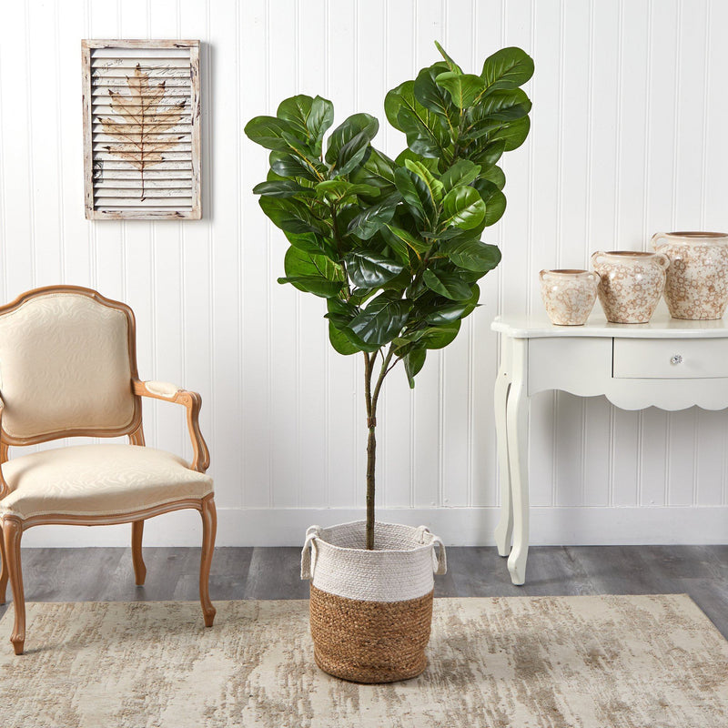 6’ Fiddle Leaf Fig Artificial Tree in Handmade Natural Jute and Cotton Planter by Nearly Natural