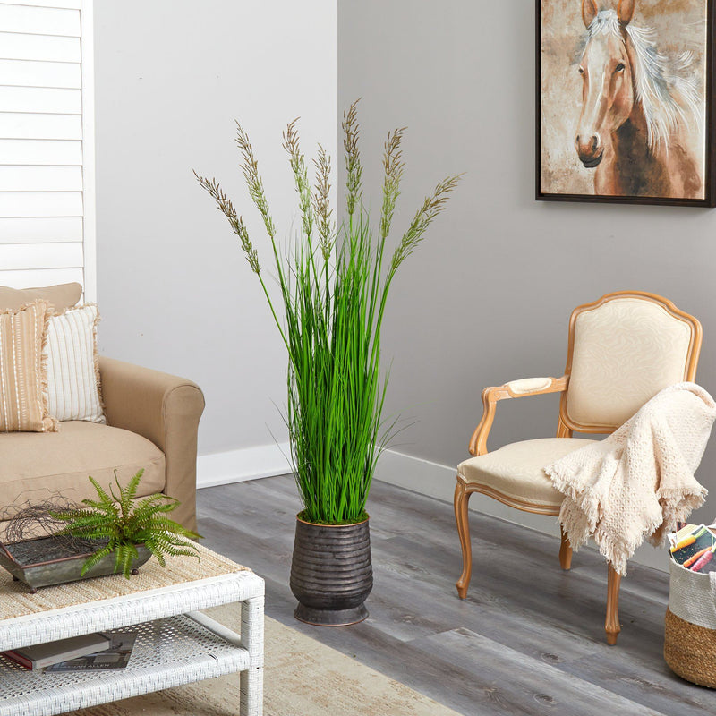 62” Wheat Grass Artificial Plant in Ribbed Metal Planter by Nearly Natural