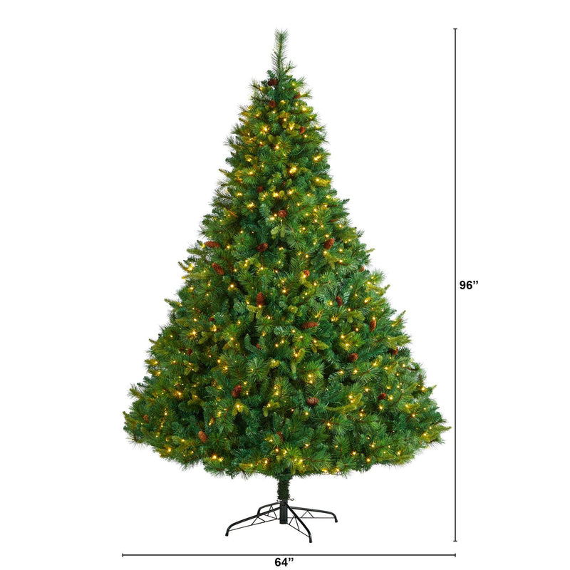 8’ West Virginia Full Bodied Mixed Pine Christmas Tree with 700 Clear LED Lights and Pine Cones by Nearly Natural
