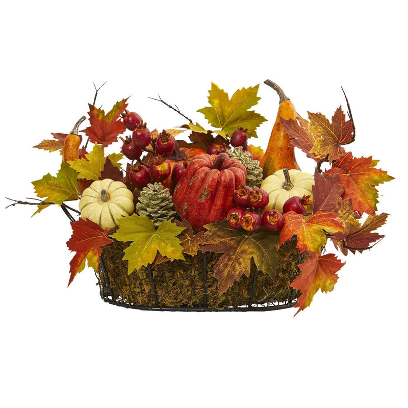 9" Pumpkin, Gourd, Berry and Maple Leaf Artificial Arrangement" by Nearly Natural