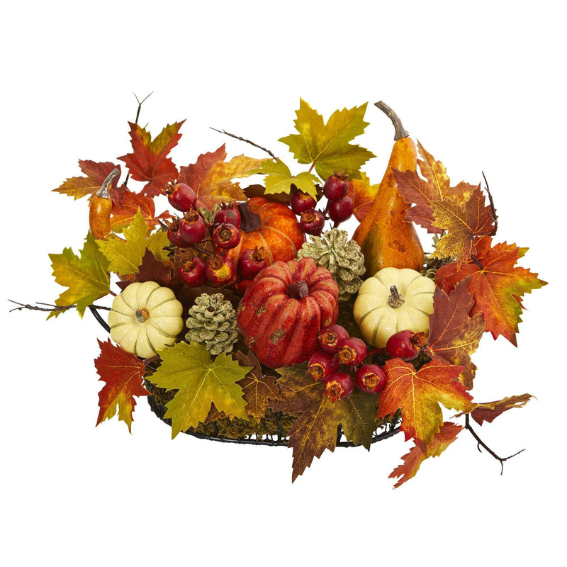 9" Pumpkin, Gourd, Berry and Maple Leaf Artificial Arrangement" by Nearly Natural