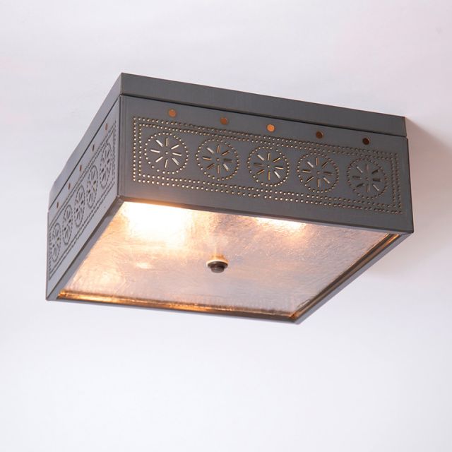 2 Light Flush Mount Square Ceiling Light with Chisel in Country Tin