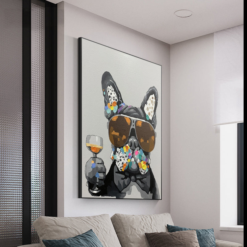 Dog w Glasses & Wine Abstract Oil Painting
